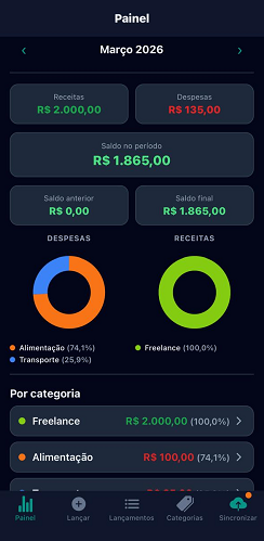 Economaximo no celular: painel com saldo, atalhos e lançamentos recentes
